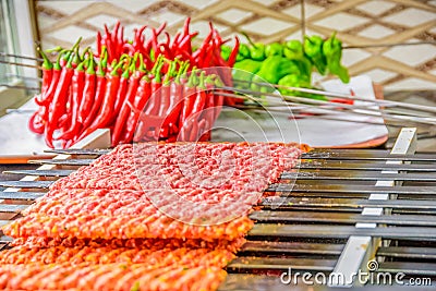 Several Adana Kebab skewers lined up Stock Photo
