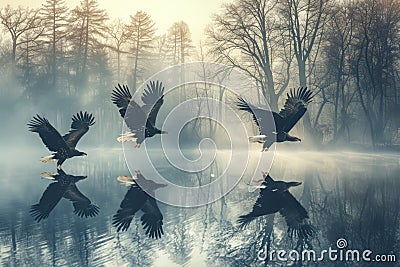 Several bald eagles soar through the sky over a scenic lake, showcasing their impressive wingspans and graceful flight, A flock of Stock Photo