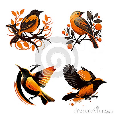 Several beautiful birds sitting on trees on a white background. For your design Stock Photo