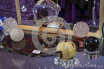 Several Beautiful Healing Crystal Balls on Display Stock Photo