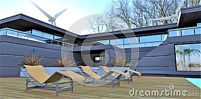 Several beige sun loungers on a wooden deck near the pool in the courtyard of the house. Despite the late autumn, it is still warm Stock Photo