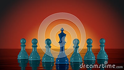 Several blue Chess Pawns lined up with the Chess King at the forefront, the concept of leadership in an organization Stock Photo