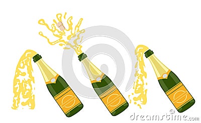 Several bottles of champagne being opened, vector illustration. Open bottle. A set of several champagne flat celebration Vector Illustration