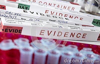 Several boxes of swab evidence sealed in crime lab Stock Photo