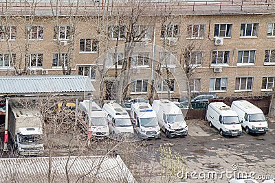 Several broken ambulances after crash accidents at repair station,Moscow,Russia,April 2019 Editorial Stock Photo