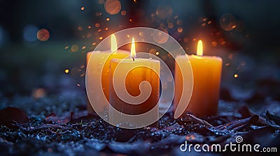 Several candles lit under a night vigil in a dark environment. Stock Photo