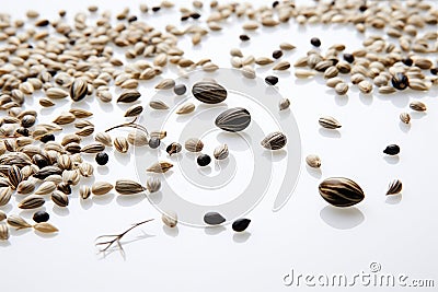 several cannabis seeds scattered on a white table Stock Photo