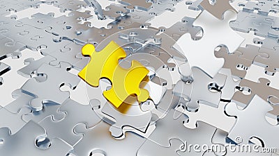 Several Chaotic Grey Puzzle pieces with many holes and one big gold piece Stock Photo