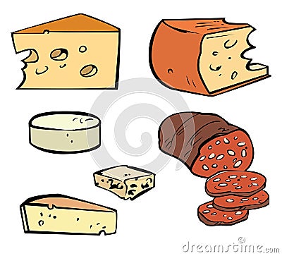 several cheese objects cheddar gouda pepperoni sausage stock illustration image template set Cartoon Illustration