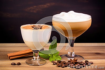 Several coffee-based cocktails with cream swirls, inviting indulgence and coffee lovers' delight Stock Photo