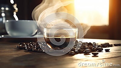 Roasted coffee beans over a wood table and a cup of hot smoking coffee. Cuisine photography. Food pictures. Menu photos. Stock Photo