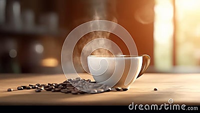 Several coffee beans all over a wood table and a cup of smoking coffee. Cuisine photography. Food pictures. Menu photos. Stock Photo