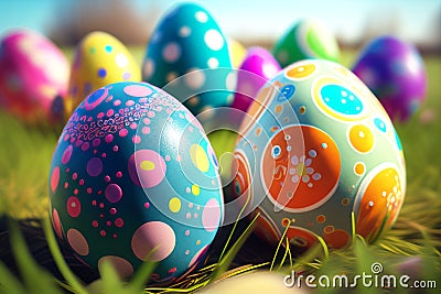 Several colored decorated chocolate Easter eggs on grass. Easter. Stock Photo