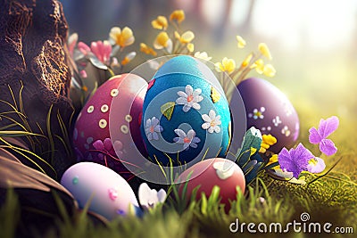 Several colored decorated chocolate Easter eggs on grass. Flower in the background. Easter. Stock Photo