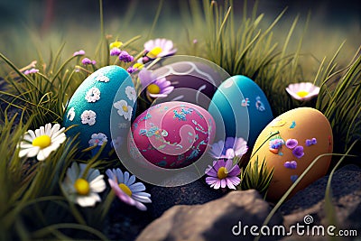 Several colored decorated chocolate Easter eggs on grass. Stock Photo