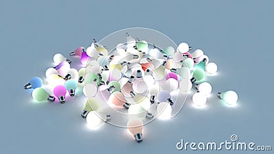 Several colored light bulbs on the ground. 3D Rendering Stock Photo