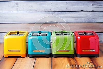 several colourful toasters aligned on wooden surface Stock Photo