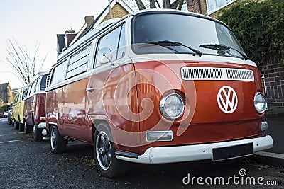 Several colourful VW camper vans. 1 Editorial Stock Photo