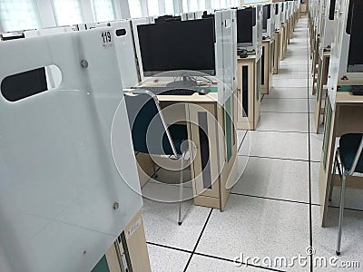 several computers that are ready to be used in the computer laboratory looks clean and neat Stock Photo