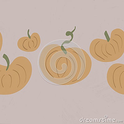 several cute autumn orange pumpkins with green roots on a beige background. the concept of autumn atmosphere and coziness Cartoon Illustration