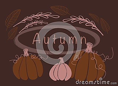 several cute autumn pumpkins with curly roots on a brown background. leaves are flying around Cartoon Illustration