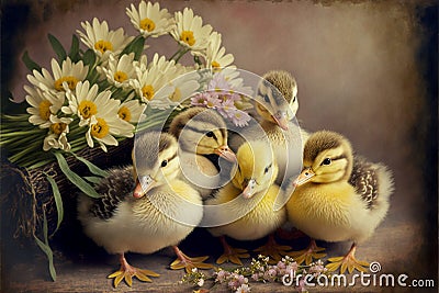 Several cute ducklings and flowers. AI generated Stock Photo