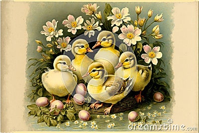 Several cute ducklings and flowers. AI generated Stock Photo