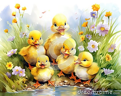 several cute ducklings and flowers. Cartoon Illustration