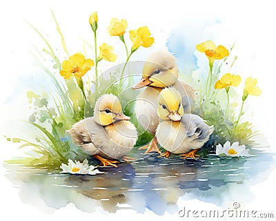 several cute ducklings and flowers. Cartoon Illustration