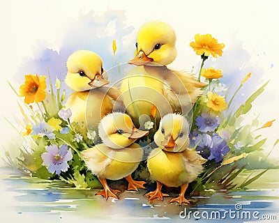 several cute ducklings and flowers. Cartoon Illustration