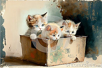 Several cute kittens are sitting in a box. AI generated. Stock Photo