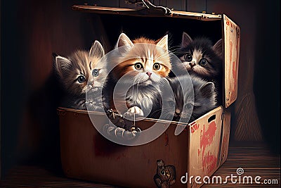 Several cute kittens are sitting in a box. AI generated. Stock Photo