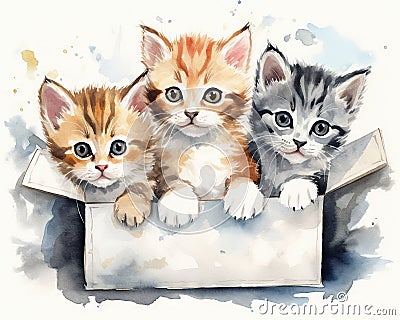 Several cute kittens are sitting in a box. Cartoon Illustration