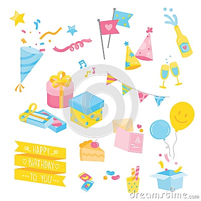 Several cute party items. Vector Illustration