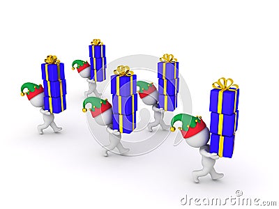 Several 3D Characters with Elf Hats Carrying Wrapped Gift Boxes Stock Photo