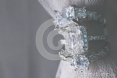 Several diamond wedding engagement rings. Fine jewelry. Stock Photo