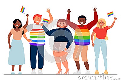 Several diverse people with LGBT flags Vector Illustration