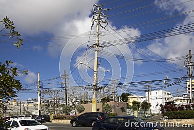 Several electrical poles that power city of Bayamon Puerto Rico Editorial Stock Photo