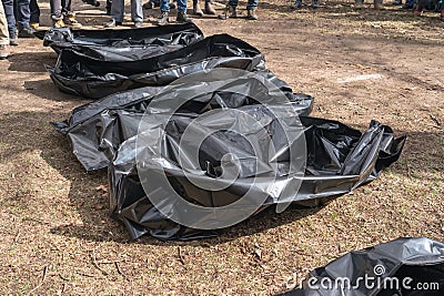 Several empty corpse body bag lie on the ground (crime concept) Stock Photo