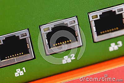 Several Ethernet connection port on the side of the device Stock Photo