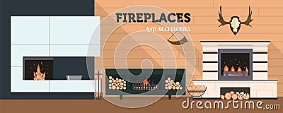 Several fireplaces and accessories to them. Stone and brick classical and modern fireplaces. Stock Photo