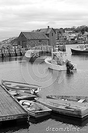 Black and white image of fishing and pleasure boats out on the water, Rockport, Mass, 2018 Editorial Stock Photo