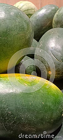 Several fresh watermelons on display Stock Photo