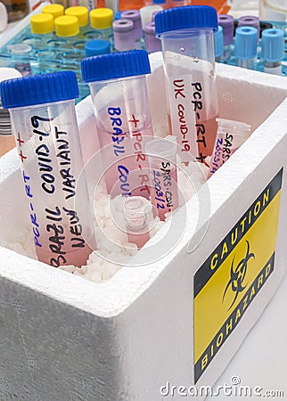 Several frozen vials testing positive for covid-19 infection of the new variant in the UK and Brazil Stock Photo