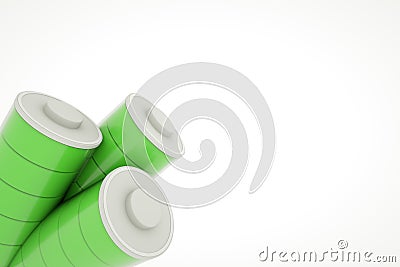 Several full charged batteries with green battery cells in glass tube. Alternative energy concept. 3d rendering Stock Photo