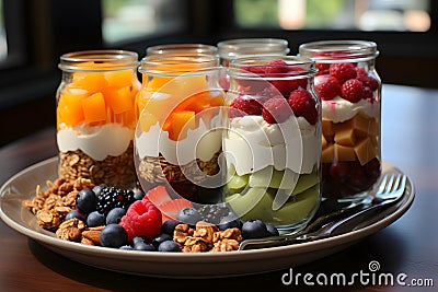 Several glasses with an appetizing parfait for a nutritious snack or breakfast Stock Photo