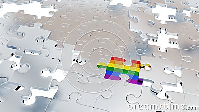 Several Grey Puzzle pieces with some holes and one Rainbow piece Stock Photo