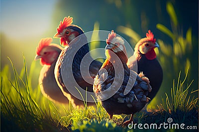 Several hands graze on green grass. AI generated. Stock Photo