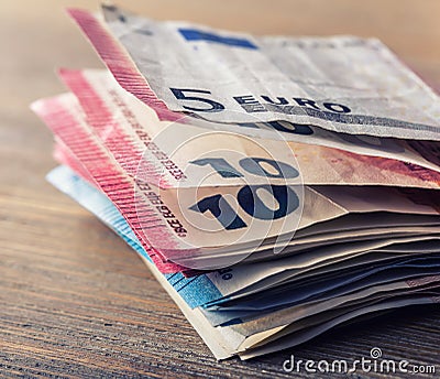 Several hundred euro banknotes stacked by value. Euro money concept. Euro banknotes. Euro money. Euro currency. Banknotes stacked Stock Photo