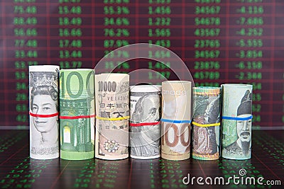 Several important currency banknotes in the world on digital background Editorial Stock Photo